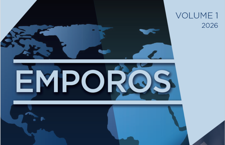 A stylized world map in blue tones with the word "EMPOROS" in bold letters and "VOLUME 1 2026" in the top right corner.
